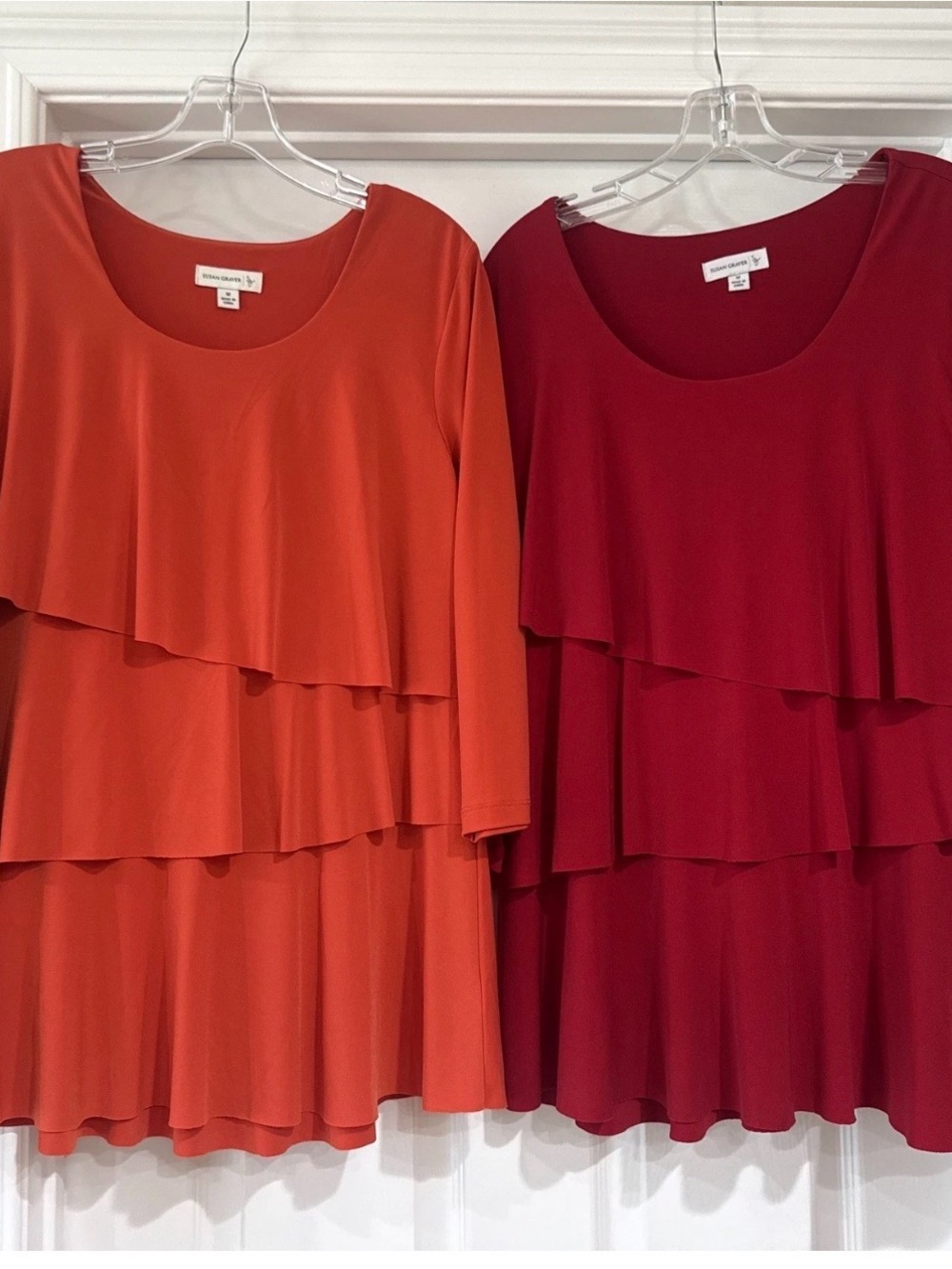 Susan Graver Women's M Lot of 2 - 3/4 Sleeve Tiered Liquid Knit Tops Red /Orange